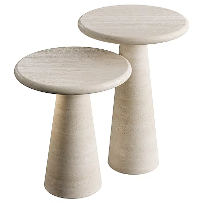 Elegant Two Round Top Side Tables With Tapered Creamy Stone Bases 3d model