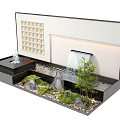 Modern Landscape Feature Wall With Waterfall Green Plants Decorative Stones And LED Lighting
