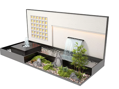 Modern Landscape Feature Wall With Waterfall Green Plants Decorative Stones And LED Lighting 3d model