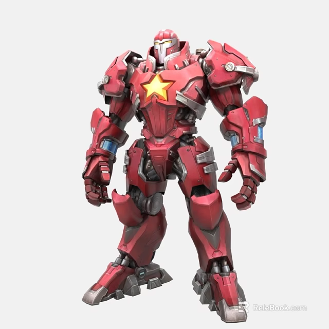 Red Smart Robot With Yellow Star And Mechanical Armor Design 3d model