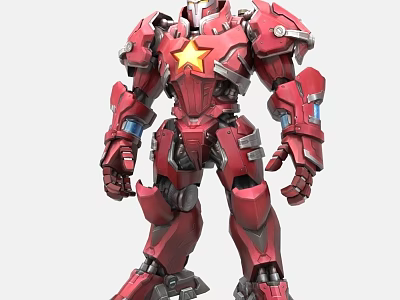 Red Smart Robot With Yellow Star And Mechanical Armor Design 3d model