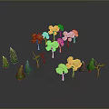 3D Modeled Trees With Various Colored Leaves Orange Green And Leafless Ones On Gray Background