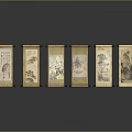 Six Traditional Chinese Scroll Paintings With Gold Framed Floral Landscape For Home Decor