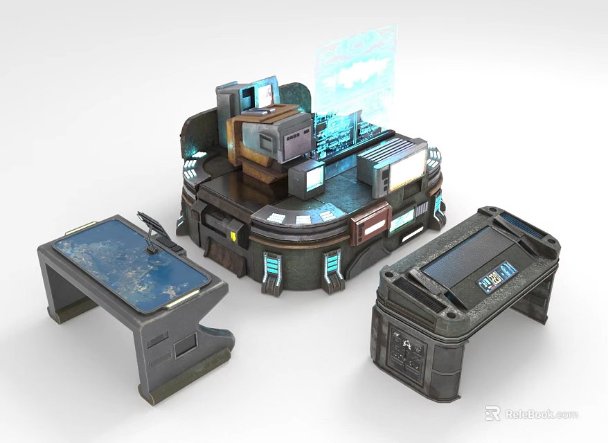 Sci-Fi Round Console Setup With Two Side Tables And Holographic Projection 3d model 