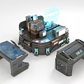 Sci-Fi Round Console Setup With Two Side Tables And Holographic Projection