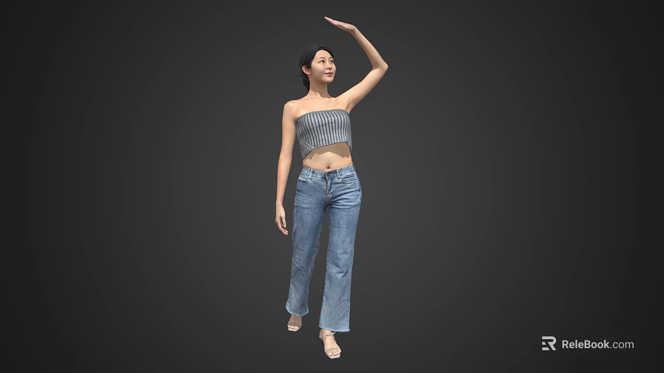 A Woman Wearing Striped Tube Top And Jeans Raising One Arm Against Gray Background 3d model 