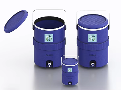 Industrial Equipment Blue Covered Storage Drums With Different Sizes And Brand Labels 3d model
