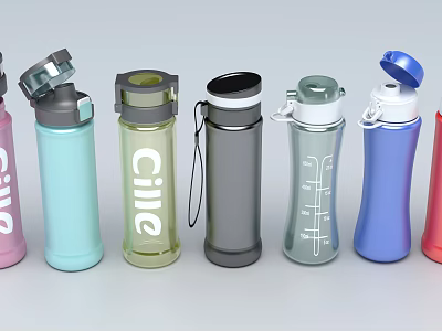 Cille Water Bottles in Various Colors with Diverse Designs and Functional Lids 3d model