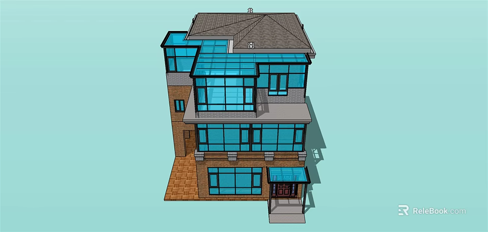 Modern Detached Villa With Multi Story Design Large Glass Windows And Dark Roof 3d model 