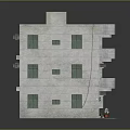 Three Story Gray Brick Building With Green Windows Balconies And Flower Pots