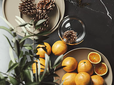 Fresh Oranges on Plates with Sliced Pieces and Pine Cones Olive Branches on Black Countertop 3d model