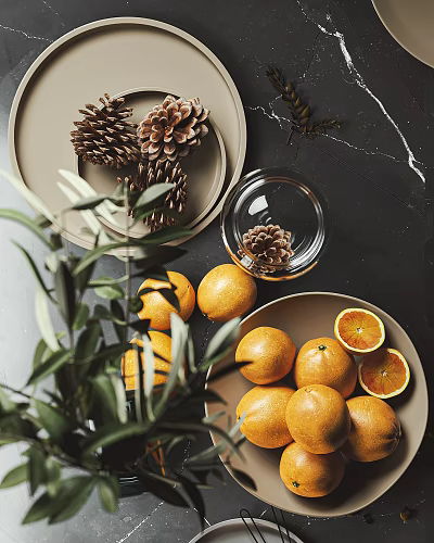 Fresh Oranges on Plates with Sliced Pieces and Pine Cones Olive Branches on Black Countertop 3d model