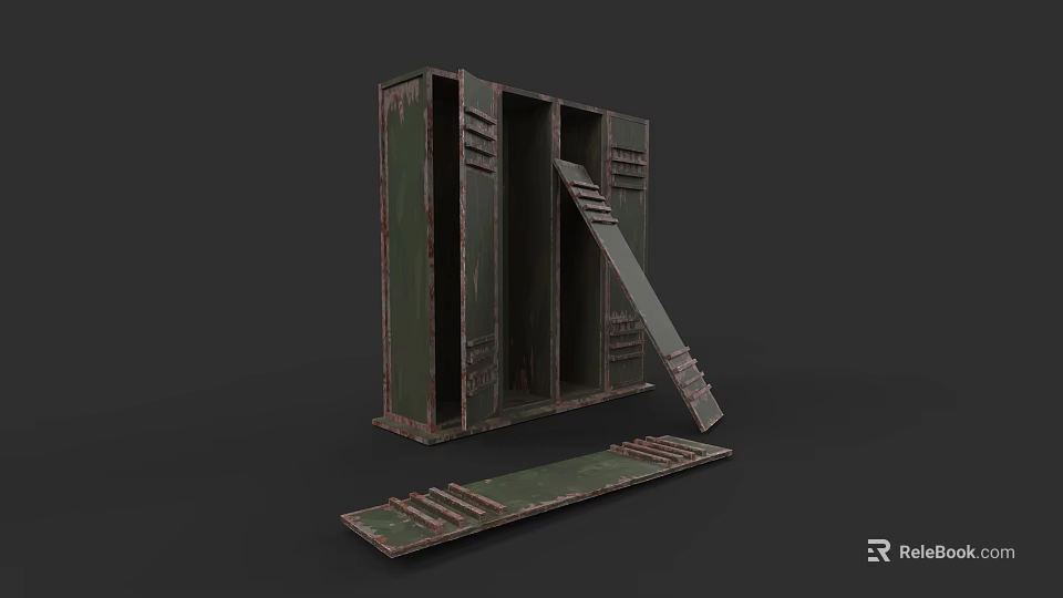 Old Green Metal Weapon Storage Locker With Long Metal Plate Components 3d model 