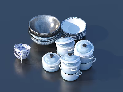 Home Kitchen Ceramic Dinnerware Set With Stacked Bowls Covered Containers And Decorative Patterns 3d model