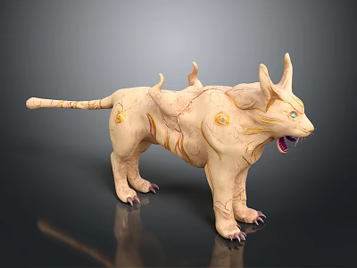 Mythical Feline Like Creature With Horns Golden Circular Markings Blue Eyes Open Mouth And Sharp Fangs 3d model