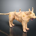 Mythical Feline Like Creature With Horns Golden Circular Markings Blue Eyes Open Mouth And Sharp Fangs