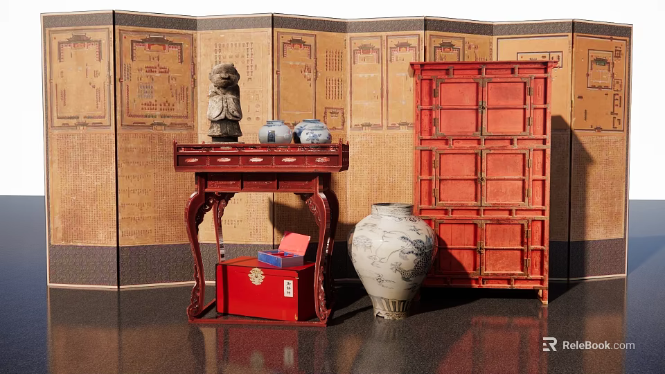 Traditional Chinese Furniture Display With Red Cabinet Carved Table And Ceramic Vase 3d model 