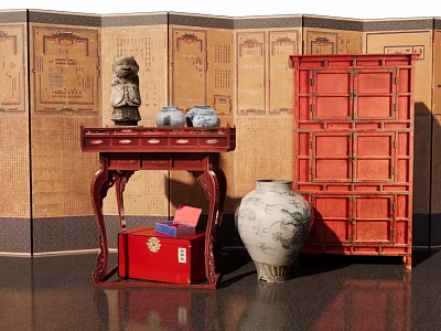 Traditional Chinese Furniture Display With Red Cabinet Carved Table And Ceramic Vase 3d model