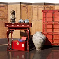 Traditional Chinese Furniture Display With Red Cabinet Carved Table And Ceramic Vase