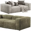 Two Seater Sofa With Ribbed Striped Fabric And Cozy Throw Pillows Plus Blanket