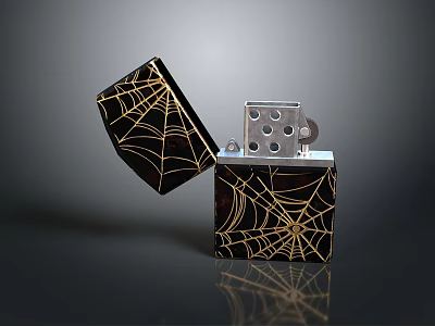 Stylish Metallic Lighter With Golden Spider Web Pattern And Open Case Design 3d model