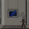 Abstract Painting With Blue White Design Hanging On Wall In Modern Interior Accented With Vase And Small Table