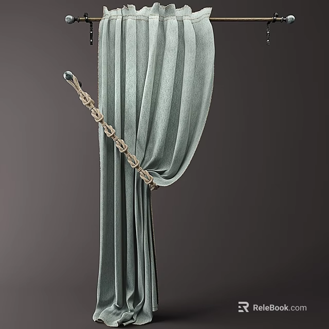 Elegant Light Green Curtains With Golden Curtain Rod And Chain Decoration On Dark Background 3d model 