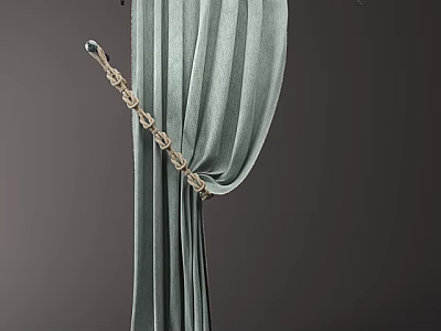 Elegant Light Green Curtains With Golden Curtain Rod And Chain Decoration On Dark Background 3d model