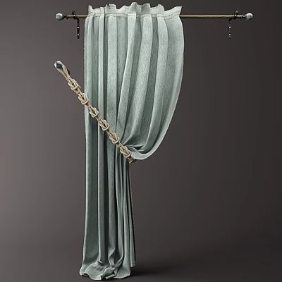 Elegant Light Green Curtains With Golden Curtain Rod And Chain Decoration On Dark Background 3d model