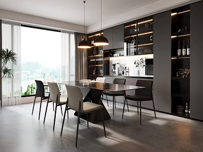 Modern Restaurant Dining Area With Large Window Black Table And Wine Racks 3d model