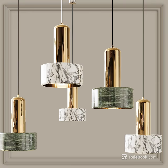 Elegant Modern Pendant Lights Featuring Golden Metal And White Green Marble Details 3d model 
