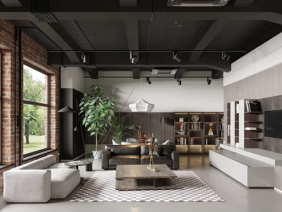 Industrial Modern Living Dining Room Interior With Red Brick Wall Black Ceiling And Geometric Rug 3d model