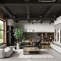 Industrial Modern Living Dining Room Interior With Red Brick Wall Black Ceiling And Geometric Rug