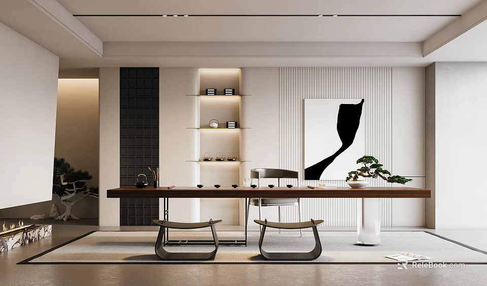 Modern Tea Room Interior With Long Wooden Table Designer Chairs And Black Abstract Painting 3d model 