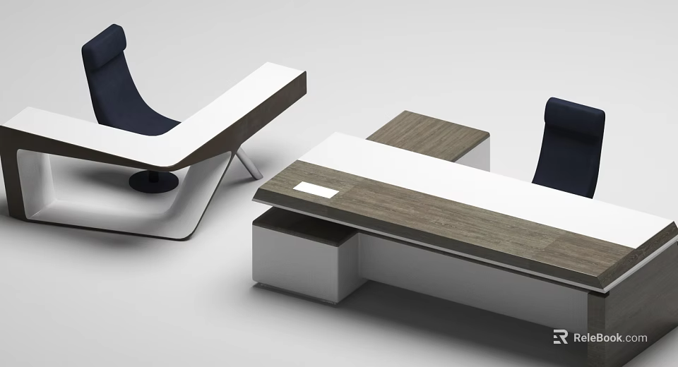 Modern Office Desk With Wooden Top And White Frame Accompanied By Blue Ergonomic Chairs 3d model 