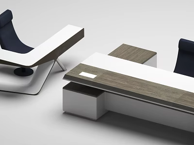 Modern Office Desk With Wooden Top And White Frame Accompanied By Blue Ergonomic Chairs 3d model