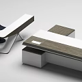 Modern Office Desk With Wooden Top And White Frame Accompanied By Blue Ergonomic Chairs