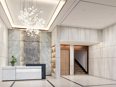 Modern Elevator Hallway With Marble Walls Chandelier Reception Desk And Staircase 3d model