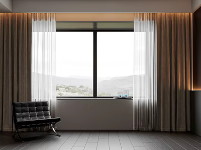 Modern Window Curtains With Thick And Sheer Layers For Mountain View Room 3d model