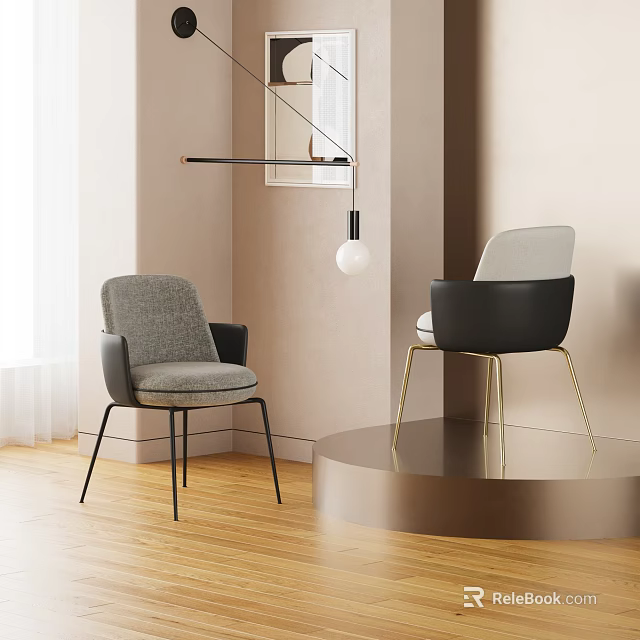 Modern Dining Chairs With Gray Fabric And Black Leather Upholstery Metal Legs Showcase 3d model 