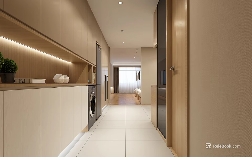 Modern Apartment Corridor With Laundry Area Cabinets Recessed Lighting And White Tile Flooring 3d model 