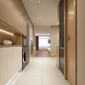 Modern Apartment Corridor With Laundry Area Cabinets Recessed Lighting And White Tile Flooring