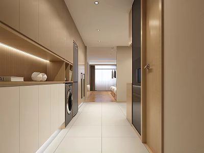 Modern Apartment Corridor With Laundry Area Cabinets Recessed Lighting And White Tile Flooring 3d model
