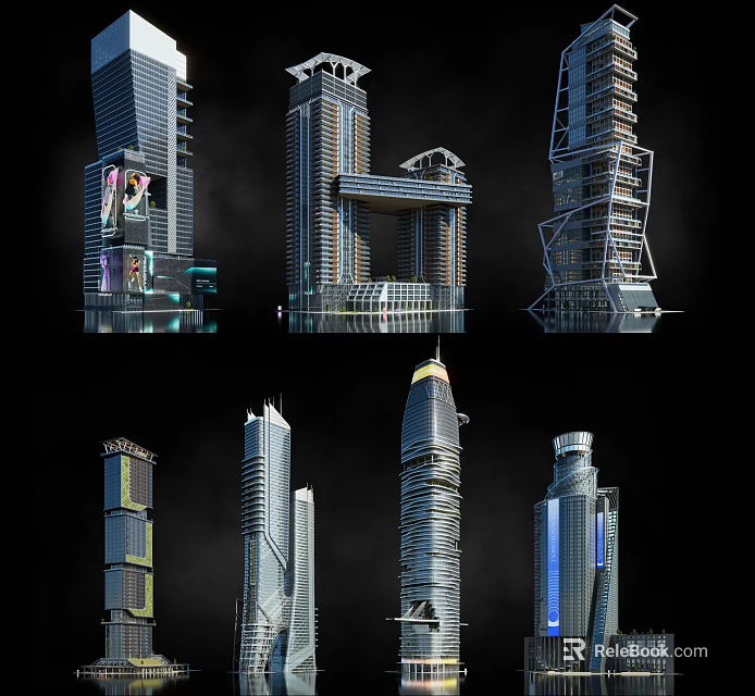 Modern Tall Office Buildings With Unique Glass Facades And Futuristic Design 3d model 
