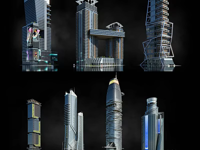 Modern Tall Office Buildings With Unique Glass Facades And Futuristic Design 3d model
