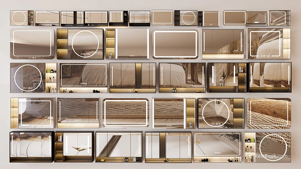 Diverse Shaped Mirrors With Gold Frames For Modern Interior Spaces 3d model