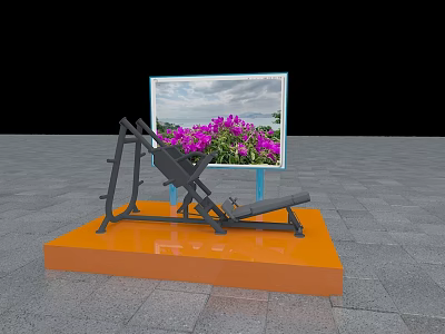 Sports Equipment Weight Bench On Orange Base Featuring Scenic Screen And Purple Flowers 3d model