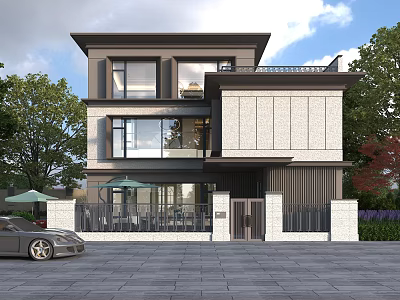 Modern Two Story Detached Villa With Large Glass Windows Courtyard Entrance And Trees 3d model