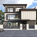 Modern Two Story Detached Villa With Large Glass Windows Courtyard Entrance And Trees