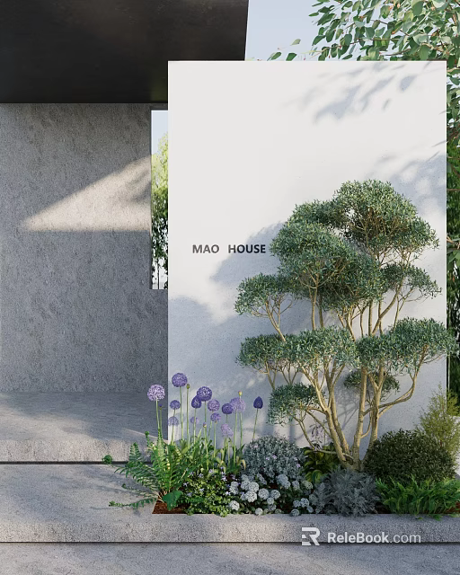 Shrubs Enhancing MAO HOUSE Exterior with White Wall and Purple Flowers in Landscaping 3d model 